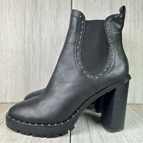 Rebecca Minkoff Edolie Studded Black Leather Block Heeled Boots Women’s Size 9.5 - Picture 2 of 10